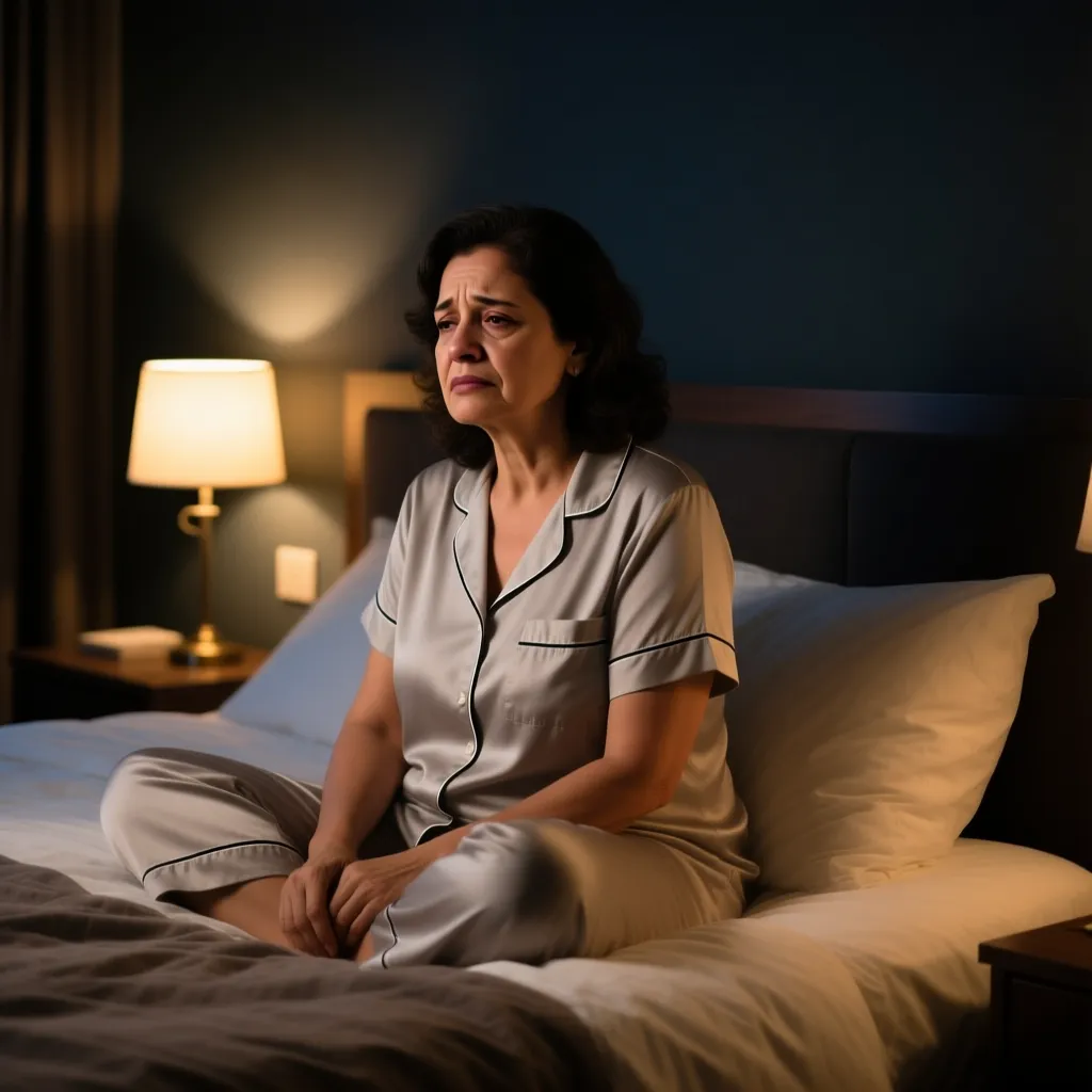 Mulher na beira da cama em um quarto silencioso à noite, iluminado por um abajur quente — momento típico de quem ainda não conseguiu preparar a noite para descansar.